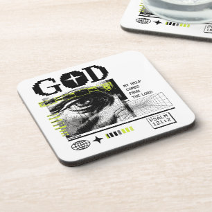 Psalm 121:2 Neon Lime Oog van God CRT Glitch Kunst Bier Onderzetter