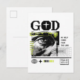 Psalm 121:2 Neon Lime Oog van God CRT Glitch Kunst Briefkaart
