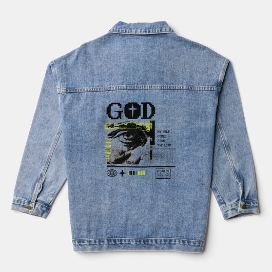 Psalm 121:2 Neon Lime Oog van God CRT Glitch Kunst Denim Jacket (Achterkant)