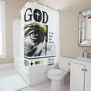 Psalm 121:2 Neon Lime Oog van God CRT Glitch Kunst Douchegordijn