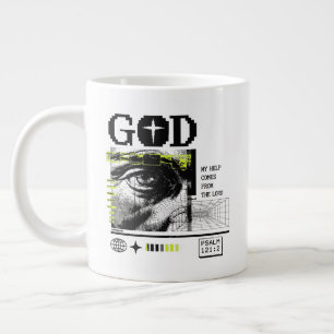 Psalm 121:2 Neon Lime Oog van God CRT Glitch Kunst Grote Koffiekop