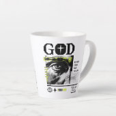 Psalm 121:2 Neon Lime Oog van God CRT Glitch Kunst Latte Mok (Rechterhoek)