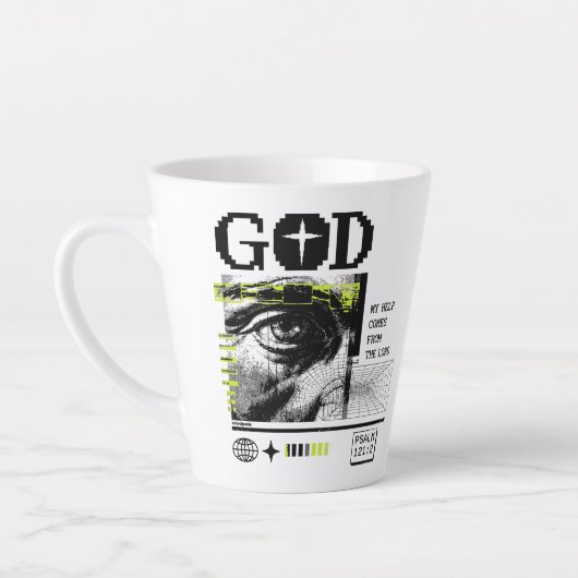 Psalm 121:2 Neon Lime Oog van God CRT Glitch Kunst Latte Mok (Links)