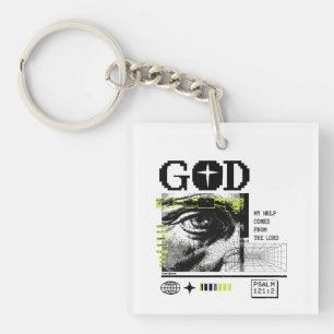 Psalm 121:2 Neon Lime Oog van God CRT Glitch Kunst Sleutelhanger