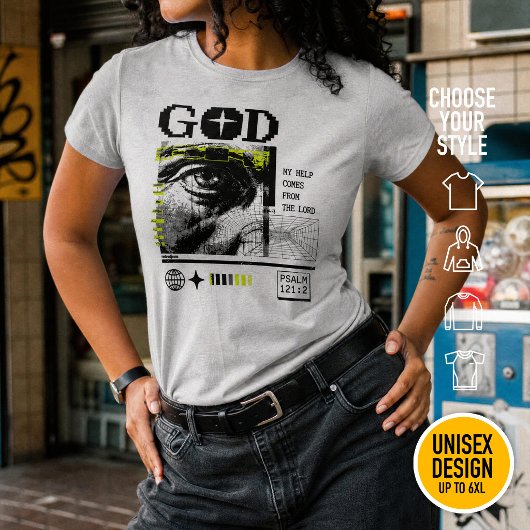 Psalm 121:2 Neon Lime Oog van God CRT Glitch Kunst T-shirt