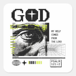 Psalm 121:2 Neon Lime Oog van God CRT Glitch Kunst Vierkante Sticker