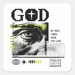 Psalm 121:2 Neon Lime Oog van God CRT Glitch Kunst Vierkante Sticker
