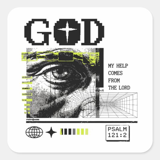 Psalm 121:2 Neon Lime Oog van God CRT Glitch Kunst Vierkante Sticker (Voorkant)