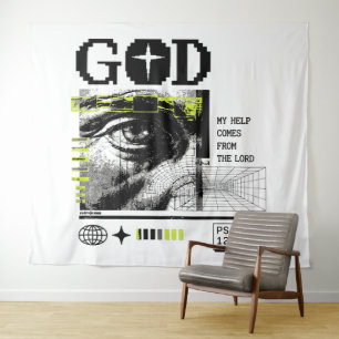 Psalm 121:2 Neon Lime Oog van God CRT Glitch Kunst Wandkleed