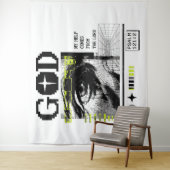 Psalm 121:2 Neon Lime Oog van God CRT Glitch Kunst Wandkleed (In situ)