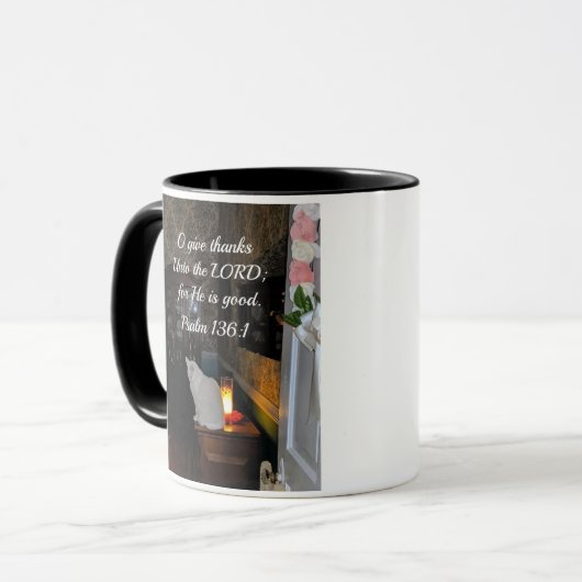 Psalm 136:1 om bedankt te geven aan de Heer Mok (Voorkant links)