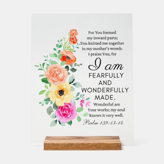 Psalm 139:13-14 Heerlijk gemaakt Bloemen Christeli Acryl Bord (Voorkant)