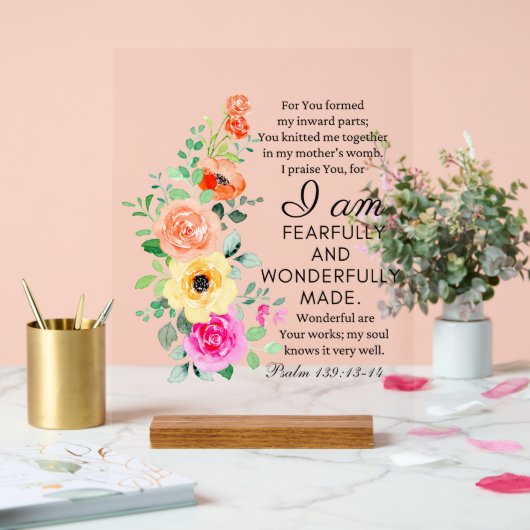 Psalm 139:13-14 Heerlijk gemaakt Bloemen Christeli Acryl Bord (Huwelijk)