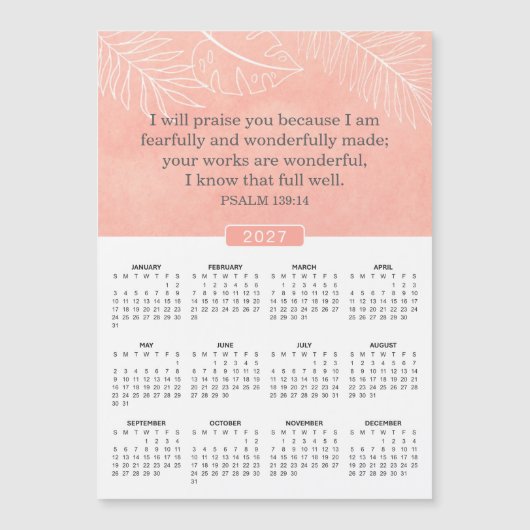 Psalm 139:14 2027 Roze Kalender Magneet (Voorkant)
