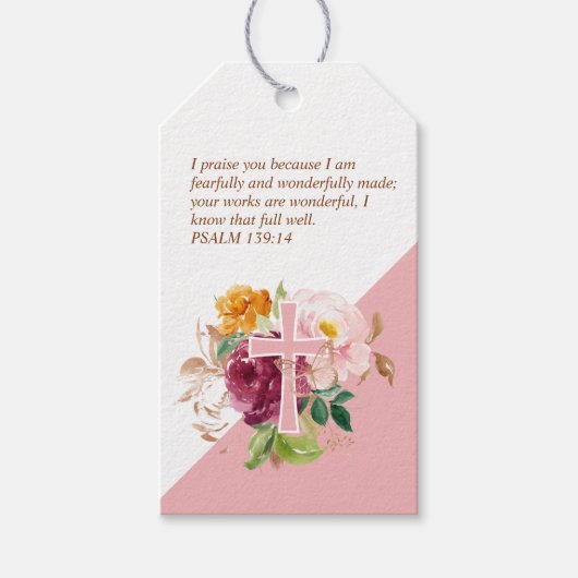 Psalm 139:14 Roze Waterverf Bloemen Cadeaulabel (Voorkant)