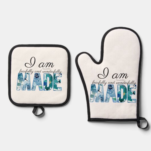 Psalm 139:14: Vrezend en wonderlijk gemaakt Ovenwant & Pannenlap Set (Voorkant)