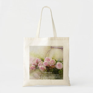 Psalm 147:11, Bijbelversie, korf roze rozen, Tote Bag