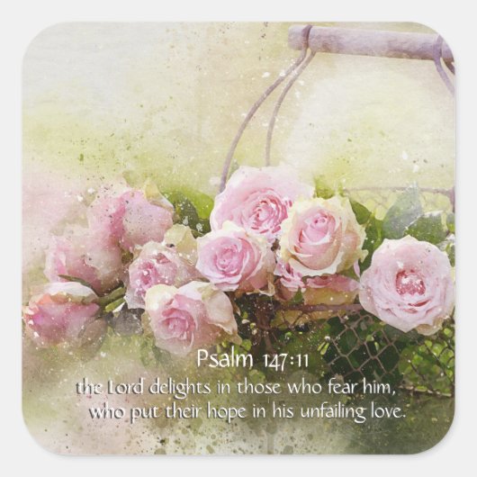 Psalm 147:11 Inspirerende bijbelroze rozen Vierkante Sticker (Voorkant)