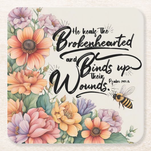 Psalm 147:3 Christelijk Bijbelvers Afbeelding Kartonnen Onderzetters (Voorkant)