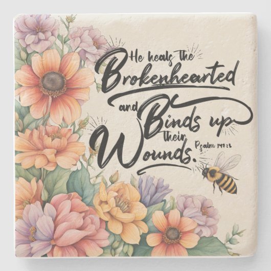 Psalm 147:3 Christelijk Bijbelvers Afbeelding Stenen Onderzetter (Voorkant)