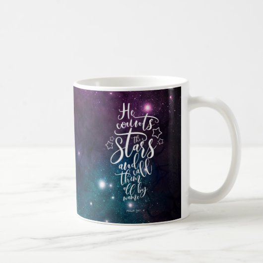 Psalm 147:4 Hij telt de Stars Bijbel Koffiemok (Rechts)