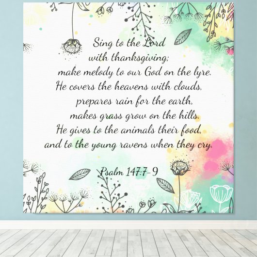 Psalm 147:7-9 canvas afdruk (Insitu (Houten vloer))