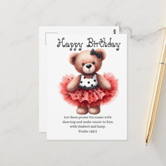 Psalm 149:3 Teddy Ballerina Birthday Greeting  Briefkaart (Voorkant / Achterkant in situ)