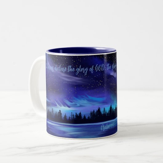 Psalm 19:1 Bijbelvers Blauw Noorderlicht Tweekleurige Koffiemok (Voorkant links)