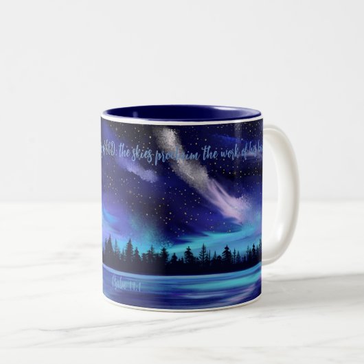 Psalm 19:1 Bijbelvers Blauw Noorderlicht Tweekleurige Koffiemok (Voorkant rechts)