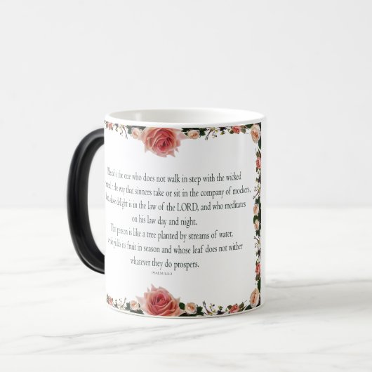 Psalm 1 met ventilatorgrenzen magische mok (Voorkant links)