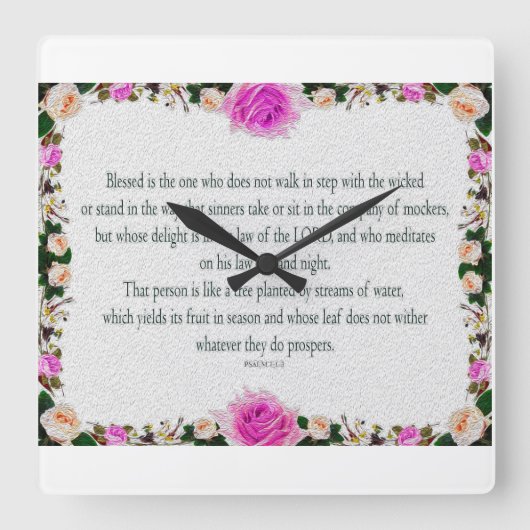 Psalm 1, olieschilderend effect Paarse Floral Vierkante Klok (Voorkant)