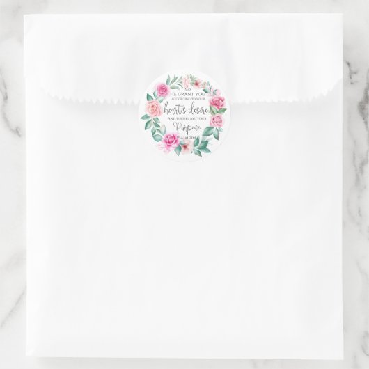 Psalm 20:4 Christelijk Bijbelvers Roze Bloem Ronde Sticker (Tas)