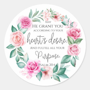 Psalm 20:4 Christelijk Bijbelvers Roze Bloem Ronde Sticker