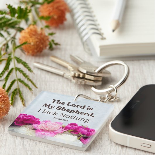 Psalm 23:1 De Heer is mijn Herder Roze Bloem Sleutelhanger (Voorkant Rechts)