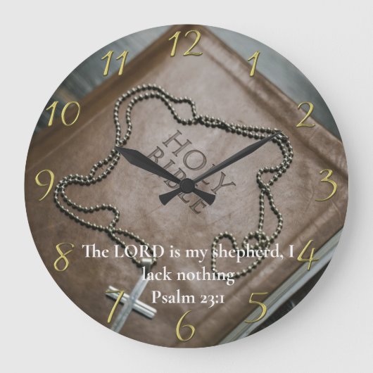 Psalm 23:1 Heilige Bijbel met zilverkruis erop Grote Klok (Voorkant)