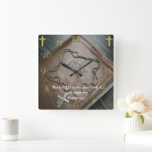 Psalm 23:1 Heilige Bijbel met zilverkruis erop Vierkante Klok (Huis)
