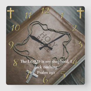 Psalm 23:1 Heilige Bijbel met zilverkruis erop Vierkante Klok