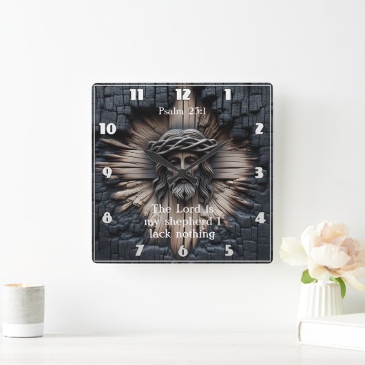 Psalm 23:1: Jezus uitgehouwen Vierkante Klok (Huis)