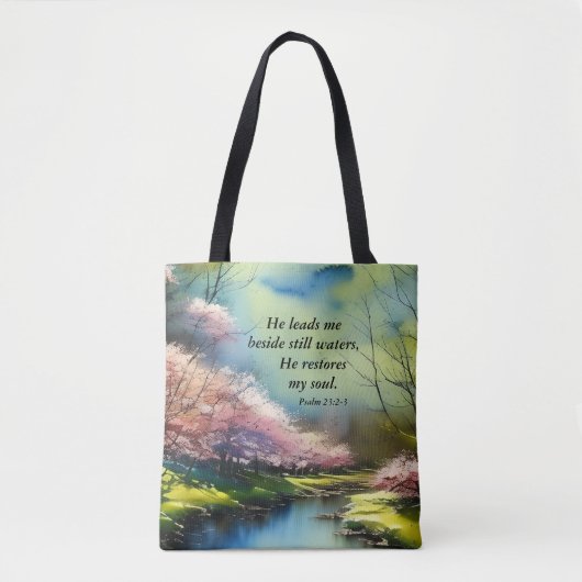 Psalm 23:2-3 Hij herstelt mijn ziel Bijbel Verse Tote Bag (Voorkant)