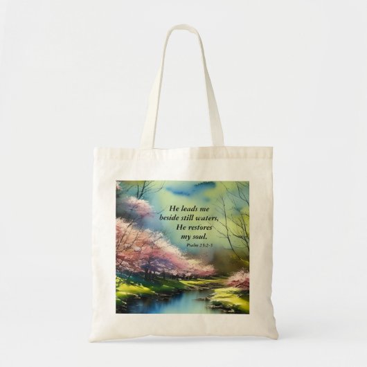 Psalm 23:2-3 Hij herstelt mijn ziel Bijbel Verse Tote Bag (Voorkant)