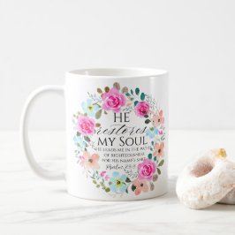 Psalm 23:3 Hij herstelt mijn ziel Roze Bloemen Bij Koffiemok