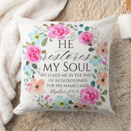 Psalm 23:3 Hij herstelt mijn ziel Roze Bloemen Bij Kussen