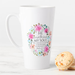 Psalm 23:3 Hij herstelt mijn ziel Roze Bloemen Bij Latte Mok