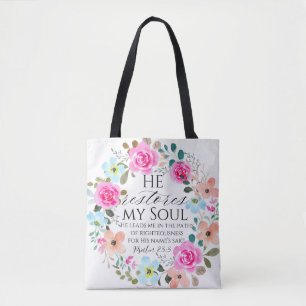 Psalm 23:3 Hij herstelt mijn ziel Roze Bloemen Bij Tote Bag