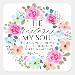 Psalm 23:3 Hij herstelt mijn ziel Roze Bloemen Bij Vierkante Sticker