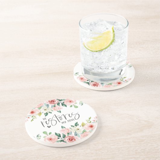 Psalm 23:3 Hij herstelt mijn zielenbijbelvers en R Zandsteen Onderzetter (Zijkant)