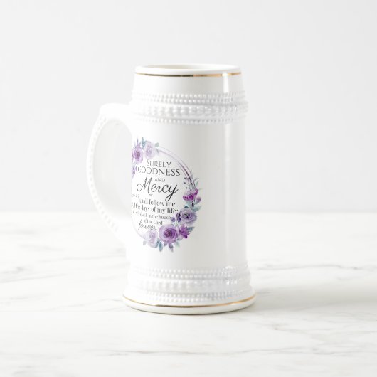 Psalm 23:6 Inspirerend Bijbelvers Paarse Bloemen Bierpul (Voorkant links)