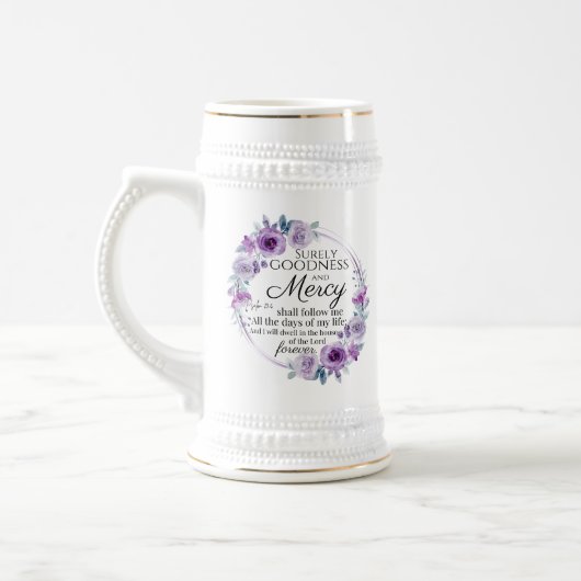 Psalm 23:6 Inspirerend Bijbelvers Paarse Bloemen Bierpul (Links)