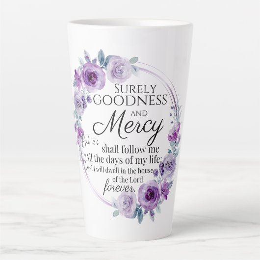 Psalm 23:6 Inspirerend Bijbelvers Paarse Bloemen Latte Mok (Voorkant)