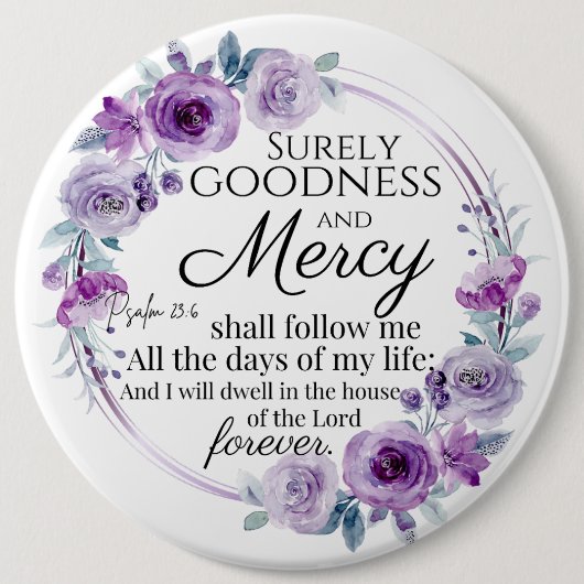Psalm 23:6 Inspirerend Bijbelvers Paarse Bloemen Ronde Button 6,0 Cm (Voorkant)